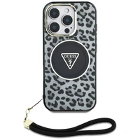 Guess HC IML leoparda trīsstūra auklas siksna MagSafe apvalks iPhone 16 Pro - melns