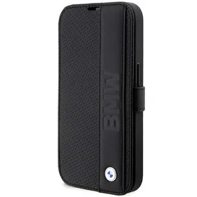 BMW apvalks BMBKP14X22RDPK iPhone 14 Pro Max 6.7" melns/melns grāmatas tipa ādas teksturēts un svītrains