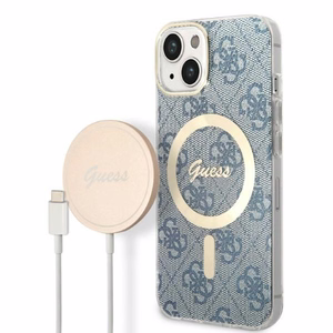 Komplekts Guess GUBPP14MH4EACSB apvalks + lādētājs iPhone 14 Plus 6.7" zils/zils cietais apvalks 4G Print Magnētiskais