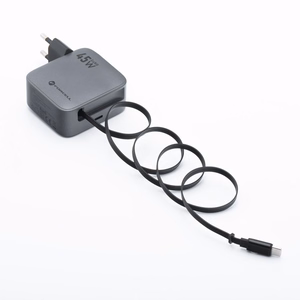 FORCELL F-ENERGY GaN III VT-R5 ceļojumu lādētājs ar izvelkamu kabeli Type C un Type C uzlādes portu PD QC4.0 3A 45W pelēks
