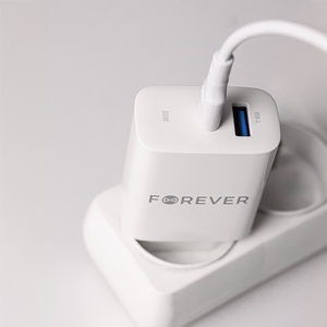 Forever TC-07-30AC PD QC lādētājs 1x USB-C 1x USB 30W balts + USB-C - USB-C kabelis 60W