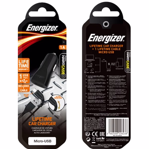 Energizer HardCase DC1ALMCM auto lādētājs, USB-A, 1 A, ar Micro-USB kabeli, melns