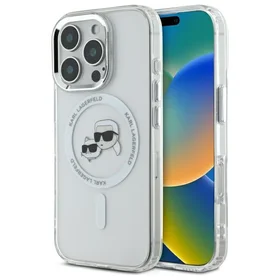 Karl Lagerfeld IML Metal Karl&Choupette Head magnētiskais viedtālruņa apvalks iPhone 16 Pro Max - balts