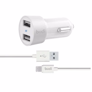 Budi BD622LW automašīnas lādētājs ar 2 USB-A pieslēgvietām, ar LED indikatoru, ar Lightning kabeli