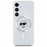 Viedtālruņa apvalks Karl Lagerfeld Poga Choupette Galva Drukāts Logotips Magnētiskais Samsung Galaxy S25 balta