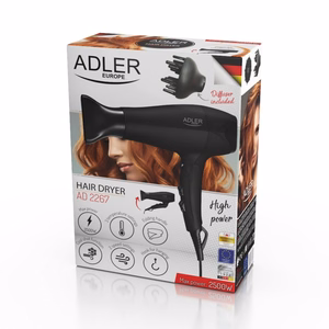 Adler AD 2267 – 2100 W matu fēns ar 3 temperatūras režīmiem un difuzoru, melns