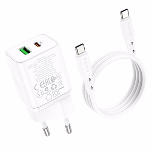 Borofone Sienas lādētājs BN7 - USB + Type C - QC 3.0 PD 20W ar Type C uz Type C kabeli balts