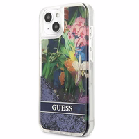 Guess GUHCP13SLFLSB iPhone 13 mini 5.4" zils cietais apvalks ziedu šķidrs spīdums