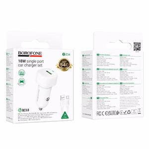 Borofone Auto lādētājs BZ34 Cloud - USB - QC 3.0 18W ar USB-C tipa kabeli, balts