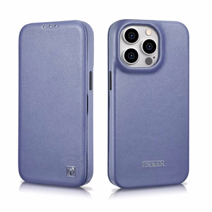 iCarer CE Premium ādas folio viedtālruņa apvalks iPhone 14 Pro Max magnētiskais atveramais ādas folio apvalks MagSafe gaiši violeta