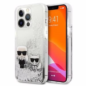Karl Lagerfeld Šķidrie spīdumi Karl&Choupette viedtālruņa apvalks iPhone 13 Pro Max 6.7" - sudraba