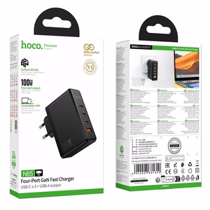Hoco N85 100 W lādētājs ar trim USB-C pieslēgvietām un vienu USB-A pieslēgvietu, melns