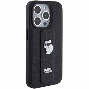 Karl Lagerfeld Gripstand Saffiano Choupette Pins viedtālruņa apvalks iPhone 15 Pro Max - melns