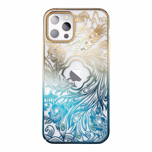 Luksusa iPhone 14 apvalks ar Kingxbar Phoenix kristāliem - zelta un zils