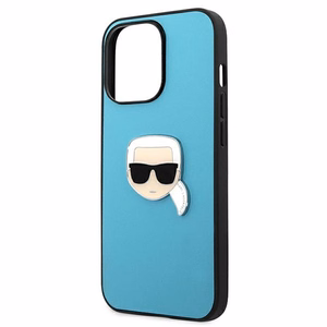 Karl Lagerfeld KLHCP13XPKMB iPhone 13 Pro Max 6,7" zils cietais maciņš Leather Ikonik Karl`s Head Metal