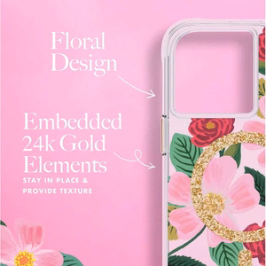 Rifle Paper Clear MagSafe vāciņš ierīcei iPhone 14 Plus, ar zelta krāsas rotājumu, ar “Rose Garden” rakstu