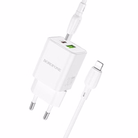 Borofone Sienas lādētājs BN14 Royal GaN - USB + Type C - QC 3.0 PD 30W ar Type C uz Lightning kabeli balts