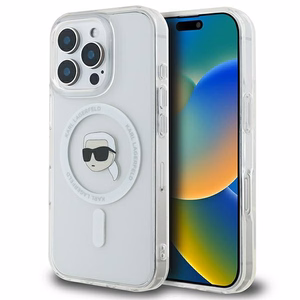 Karl Lagerfeld IML Metāla Karl Head Magnētiskais viedtālruņa apvalks iPhone 16 Pro - balts