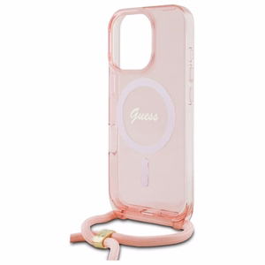 Guess Crossbody Cord Script Magnētiskais viedtālruņa apvalks iPhone 16 Pro - rozā