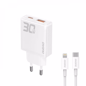 Lādētājs Dudao A30EUL balts 30W (1xPD / 1xQC3.0) + Type-C / Lightning kabelis