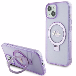 Guess viedtālruņa apvalks ar statīvu Ring Stand Script Glitter magnētiskais iPhone 15 Plus / 14 Plus - violets