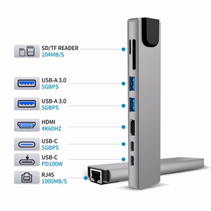 Tech-Protect HB09 USB centrmezgls 8in1 TYPE-C + USB-A 3.0 + USB-C 3.0 + HDMI 4K 60HZ + SD/TF + PD100W + RJ45 1000 MB/S - pelēks