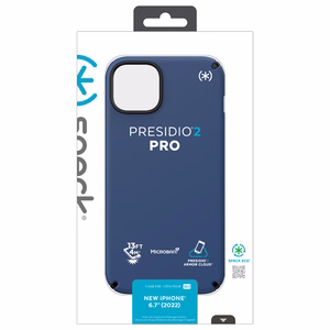 Speck Presidio2 Pro vāciņš ierīcei iPhone 15 Plus / 14 Plus, ar Microban pretmikrobu aizsardzību, “Coastal Blue / Black / White” krāsu kombinācija