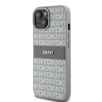 DKNY Ādas mono svītra un metāla logotips viedtālruņa apvalks iPhone 15 Plus / 14 Plus - bēšs