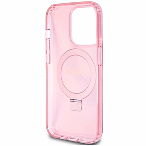 Guess viedtālruņa apvalks ar statīvu Ring Stand Script Glitter magnētiskais iPhone 15 Pro - rozā