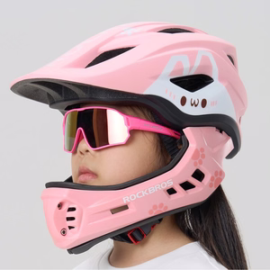 Rockbros TT-32001 truša dizaina bērnu velo ķivere ar noņemamu zoda aizsargu, izmērs S (48-52) - rozā