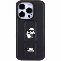 Karl Lagerfeld viedtālruņa apvalks ar statīvu Gripstand Saffiano Karl&Choupette Pins iPhone 15 Pro - melns