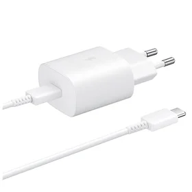 Samsung 25W EP-TA800EWE USB-C sienas lādētājs ar Samsung EP-DA705BWE USB-C / USB-C kabeli rezerves iepakojumā - balts