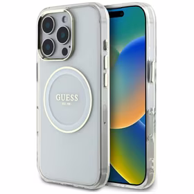 Guess IML Metal Colored Circle Classic Logo Magnētiskais viedtālruņa apvalks iPhone 16 Pro - balts