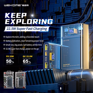 WEKOME WP-321 Vanguard Series ārējais akumulators, 20000 mAh, PD 20 W + QC 22,5 W, melns un caurspīdīgs