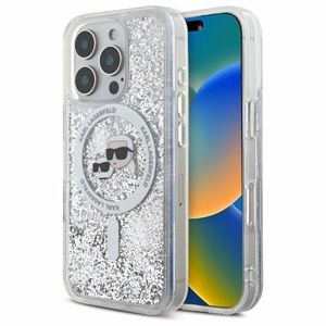 Karl Lagerfeld Liquid Glitter Karl & Choupette Head Magnētiskais viedtālruņa apvalks iPhone 16 Pro Max - caurspīdīgs