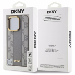 DKNY Ādas rūtainais mono raksts Magnētiskais viedtālruņa apvalks iPhone 14 Pro - bēša