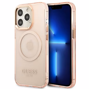 Guess GUHMP13LHTCMP iPhone 13 Pro / 13 6.1" rozā/rozā cietais viedtālruņa apvalks ar zelta kontūru, caurspīdīgs Magnētiskais MagSafe