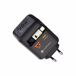 FORCELL F-ENERGY GaN III VT-R7 ceļojumu lādētājs ar izvelkamu kabeli Type C un 1x Type C, 1x USB A uzlādes portiem PD QC4.0 3A 70W pelēks