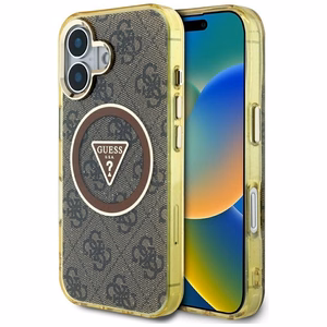 Guess IML Metal Glitter 4G Circle Triangle magnētiskais viedtālruņa apvalks iPhone 16 - brūns