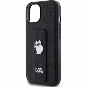 Karl Lagerfeld Gripstand Saffiano Choupette Pins viedtālruņa apvalks iPhone 15 - melns