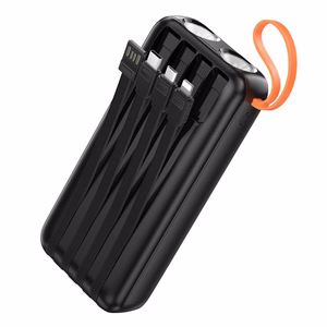 Portatīvais lādētājs Hoco 20000 mAh 2A ar iebūvētiem kabeļiem USB A + USB C + Lightning + Micro USB un dubultu gaismu J151A melns