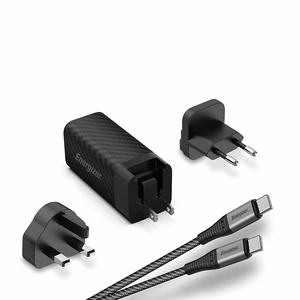 Energizer Ultimate A65MUC GaN ceļojumu sienas lādētājs ar EU / UK / US spraudņiem, USB-C + USB-A, 65 W PD, ar USB-C kabeli, melns