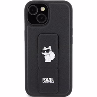 Karl Lagerfeld Gripstand Saffiano Choupette Pins apvalks viedtālrunim iPhone 15 Plus / 14 Plus - melns