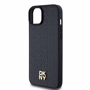 DKNY Ādas monogrammas raksta metāla logotips Magnētiskais viedtālruņa apvalks iPhone 15 Plus / 14 Plus - melna