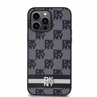 DKNY Ādas rūtainais mono raksts un drukātās svītras viedtālruņa apvalks iPhone 14 Pro Max - melns