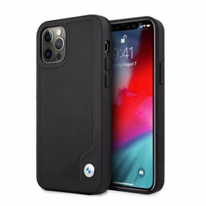BMW ādas apvalks ar iespiešanu iPhone 12 Pro Max - melns