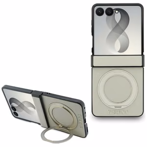 Bēšs Guess Magnetic Ring Stand Grained Classic Logo MagSafe vāciņš Samsung Galaxy Z Flip8