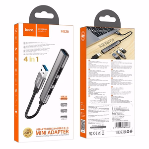 USB koncentrators Hoco HB26 4-in-1 adapteris USB-A uz 1xUSB3.0 + 3xUSB2.0, pelēks