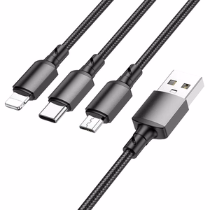 Melns Borofone BX72 3 vienā USB–USB-C / Micro-USB / Lightning kabelis, 2 A, 1 m