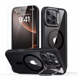 ESR Classic Hybrid Kickstand Halolock Magnētiskais viedtālruņa apvalks ar statīvu + rūdītais stikls iPhone 16 Pro Max - caurspīdīgs ar melnu rāmi